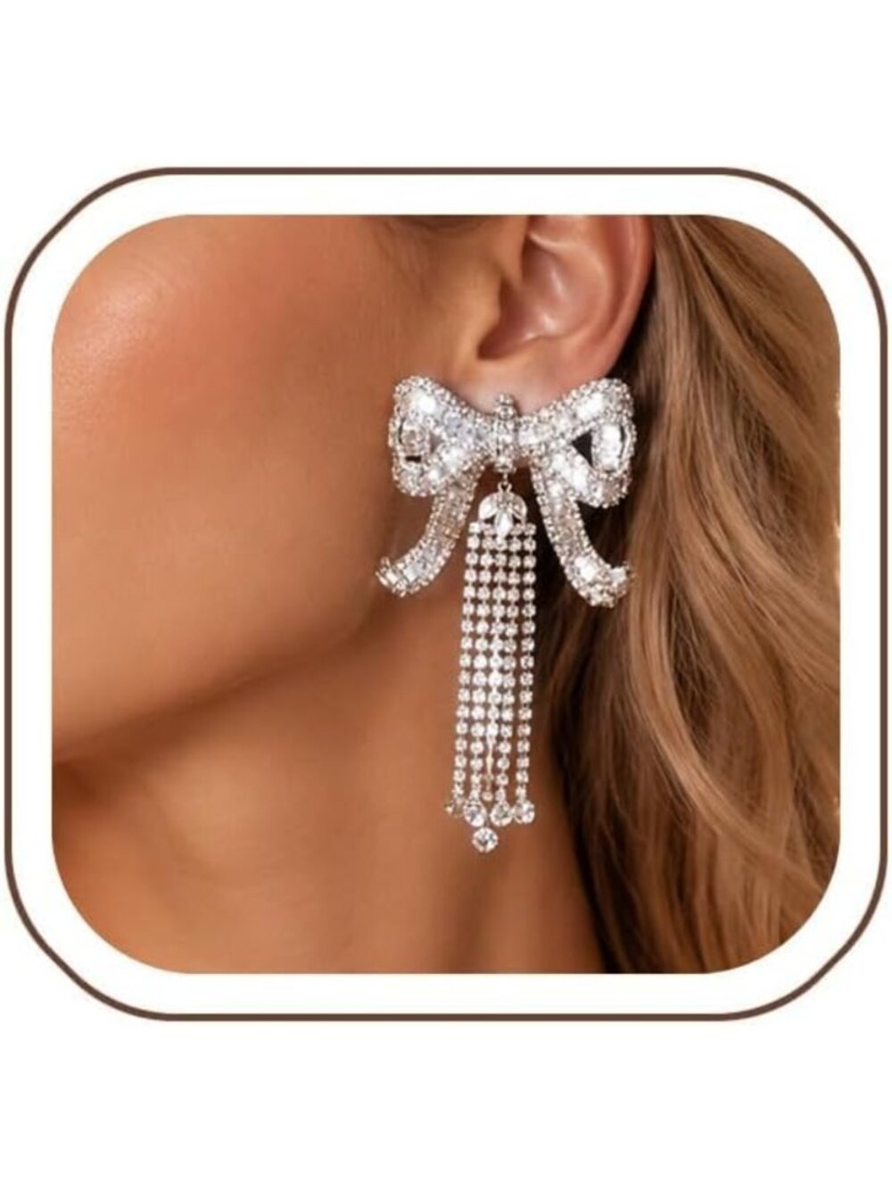 Sparkly Rhinestone Bow Tassel Earrings for Women - Silver Crystal Statement